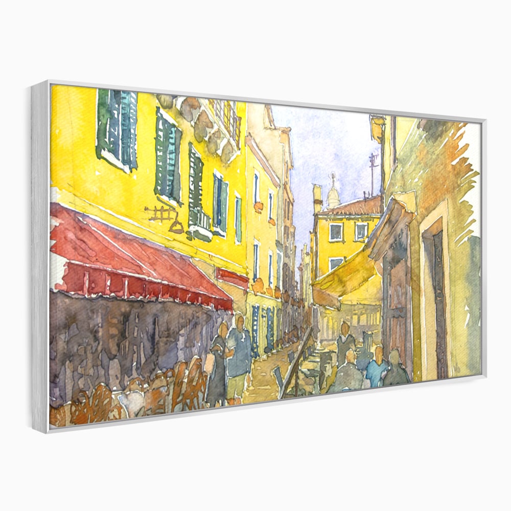 Tablou canvas cu pictura acuarela strada cu terase, in rama de aluminiu argintiu